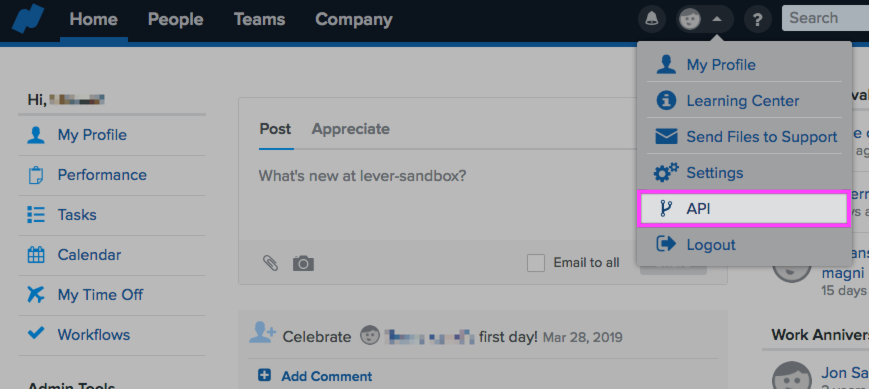 Namely platform showing dropdown menu with API option outlined
