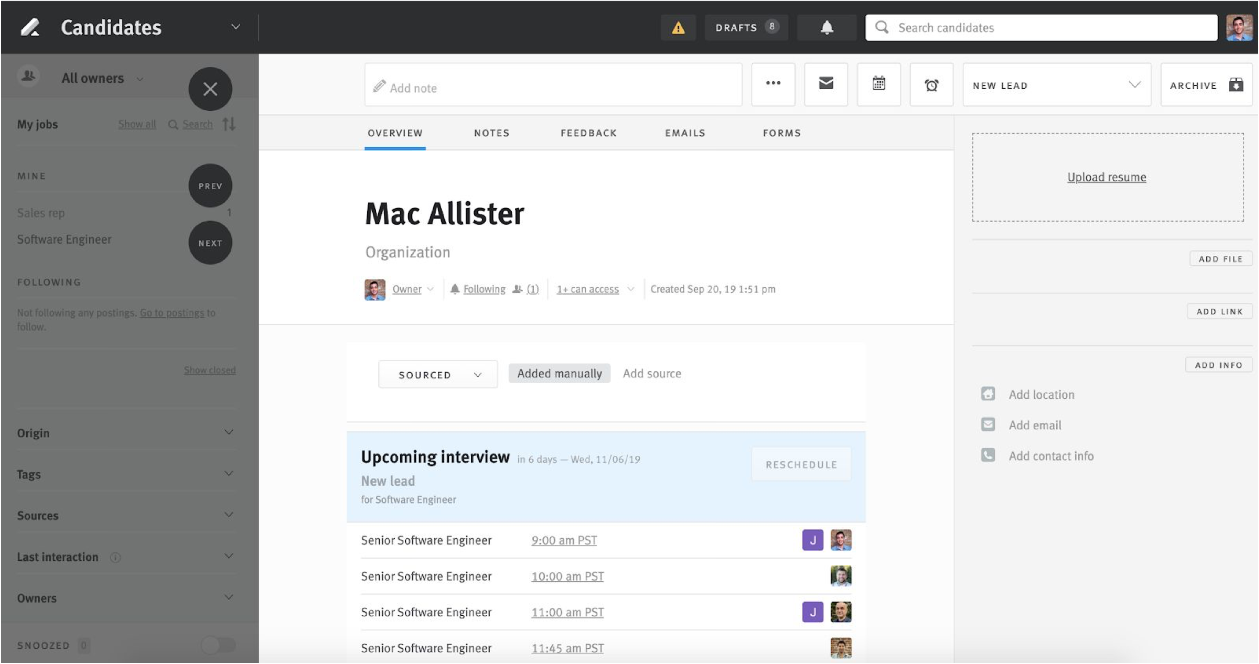 Candidate opportunity profile in Lever with interviews scheduled in Prelude listed in candidate story.