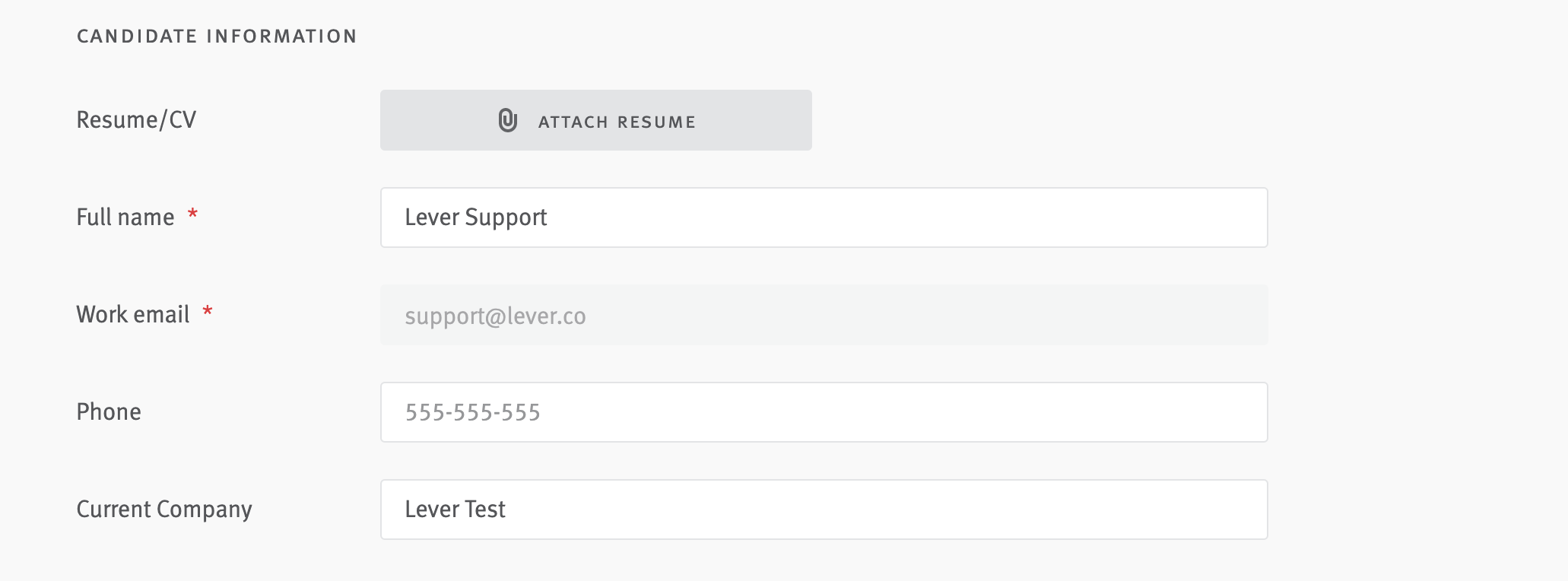 Application form fields; name and company fields filled out; email field contains email address and is greyed out to indicate it cannot be edited.