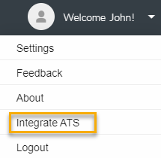 Close up of menu in upper right corner of Betts Connect account wiht Integrate ATS option circled.