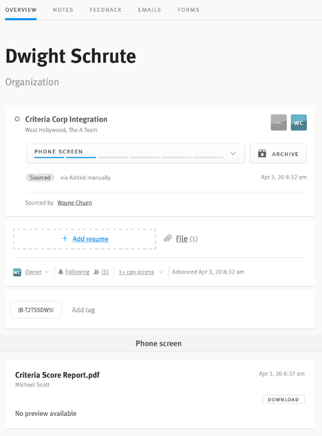Assessment results attached as PDF file to candidate's opportunity in Lever