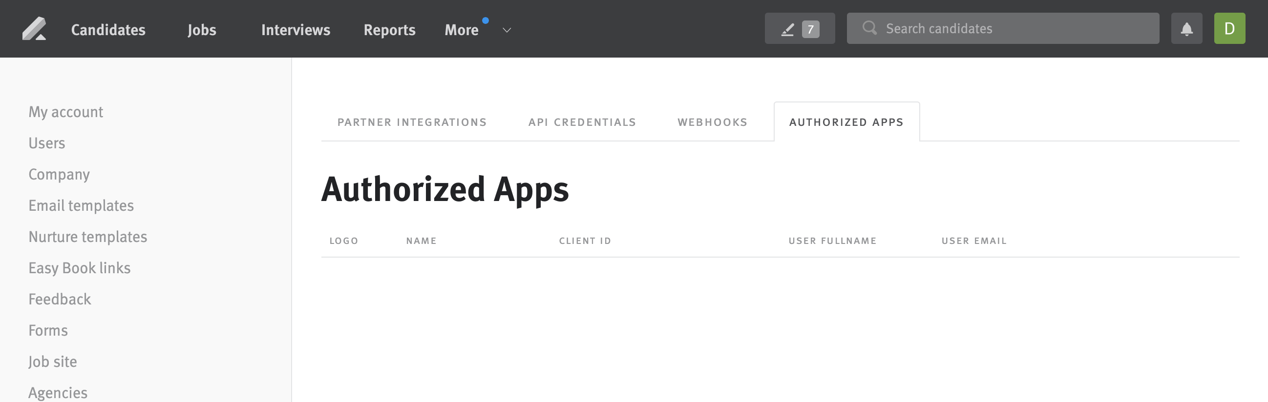 Lever settings showing authorized apps page