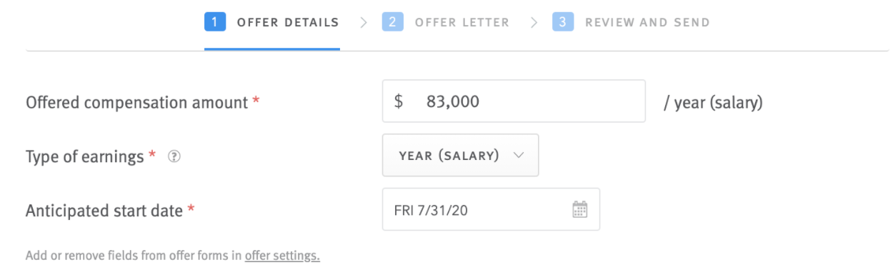Close up of offer form fields in Lever.
