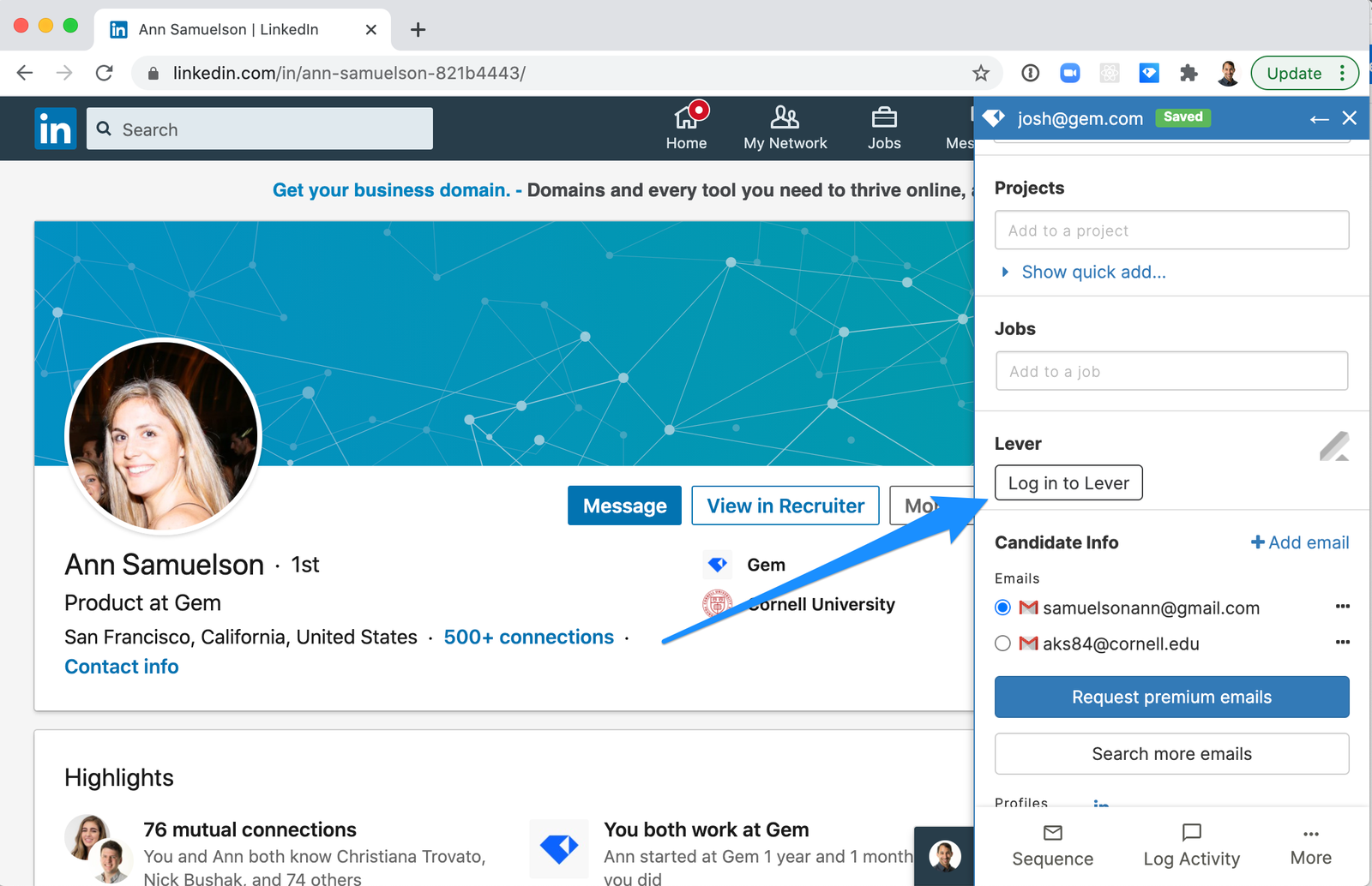 Linkedin profile with Lever bookmark side menu