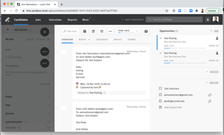 Lever candidate profile with imported emails