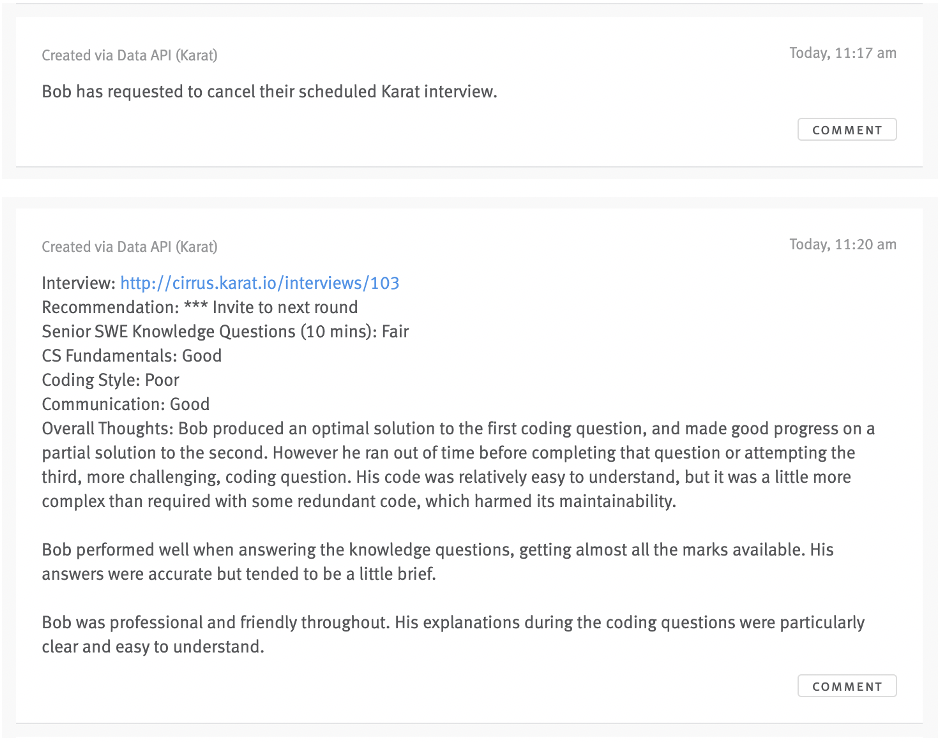 Karat note showing candidate feedback details