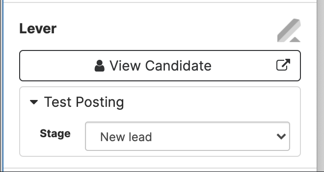 Lever integration setup modal with test posting stage menu