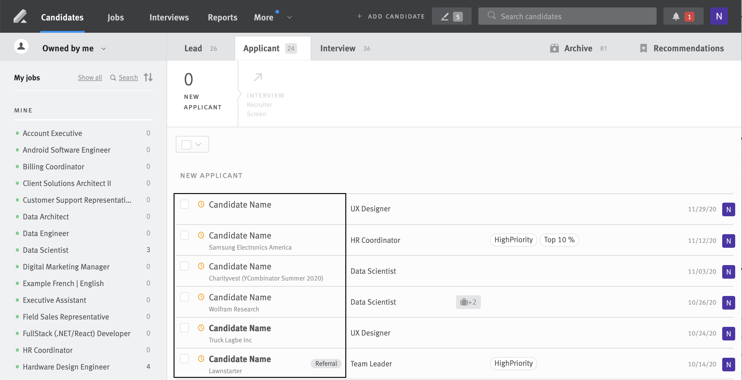 Lever opportunities list with candidate names outlined
