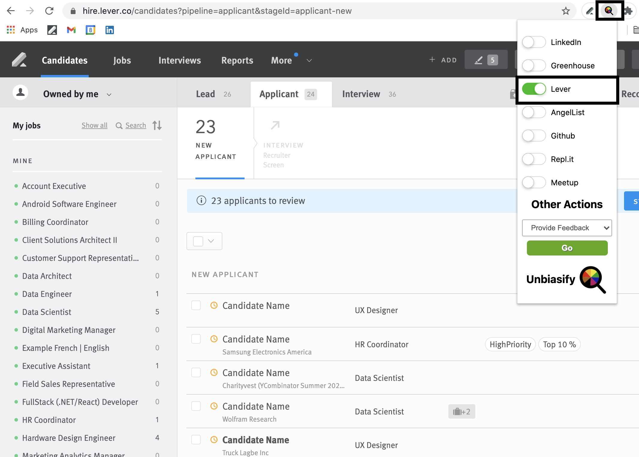 Lever candidate list with extension button and dropdown menu with lever outlined