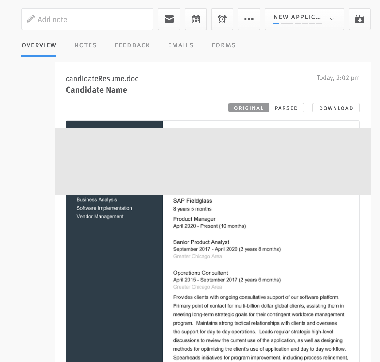 Lever candidate resume with upper portion blocked out
