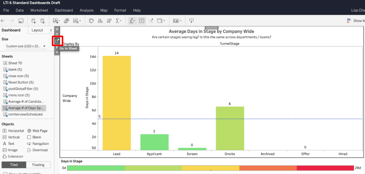 Average days in stage column chart in edit mode; go to sheets icon outlined