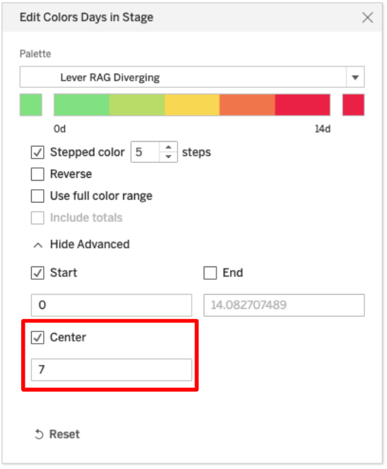 Edit color days in stage modal with center defined