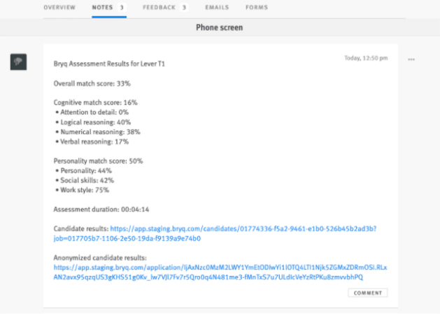Lever candidate profile notes tab showing byrq assessment results