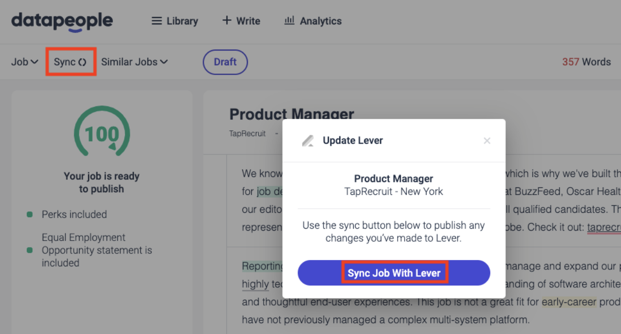Datapeople site with sync and sync job with Lever buttons outlined