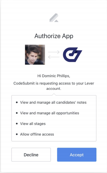 Lever atuhorize app modal with list of permissions and blue accept button.