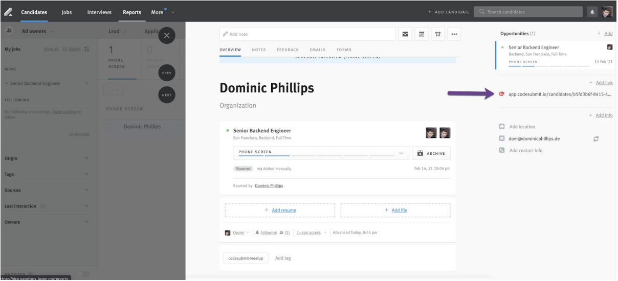 Lever candidate profile with arrow pointing to CodeSubmit link.