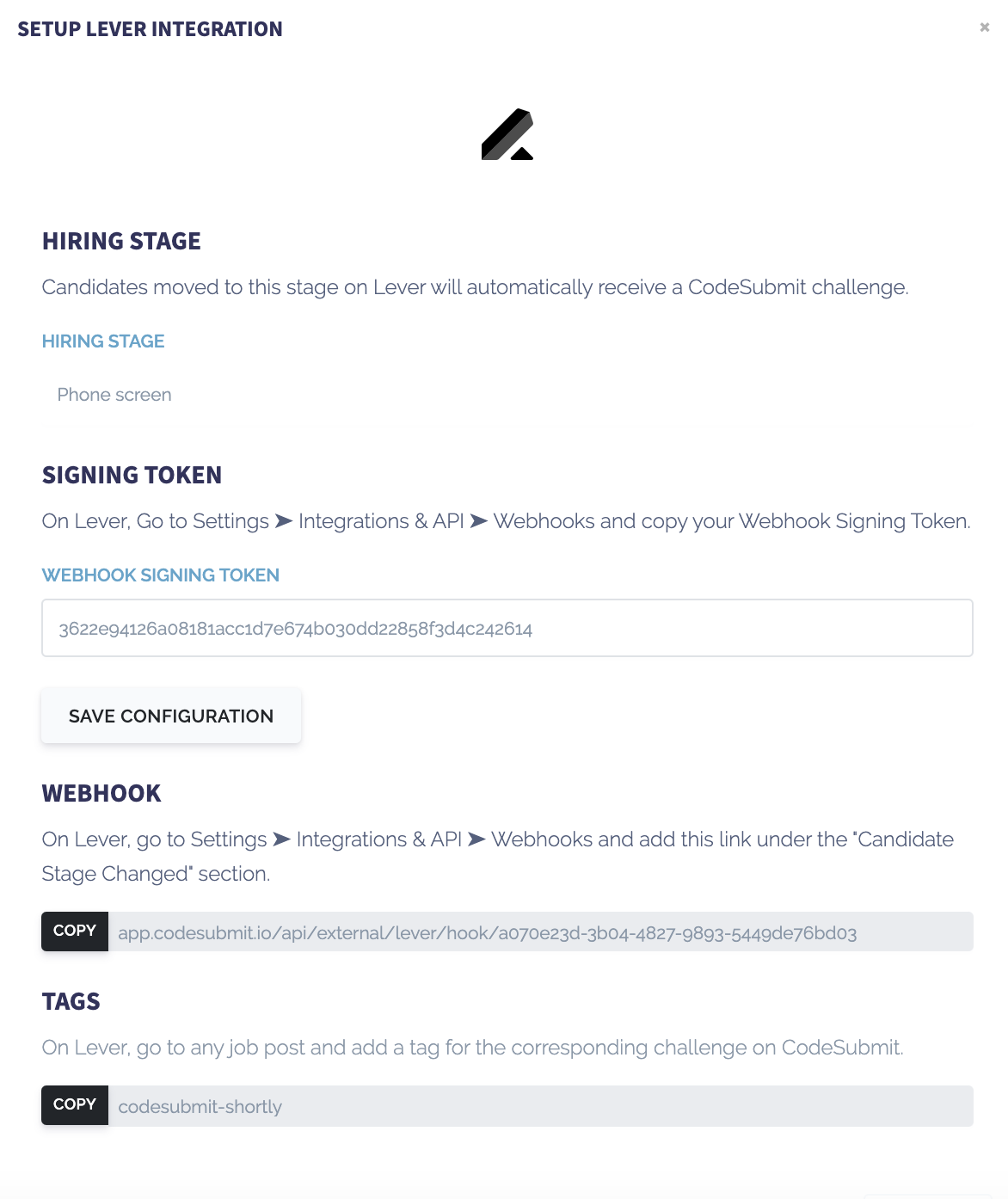 Codesubmit configuration window showing setup lever integration details.