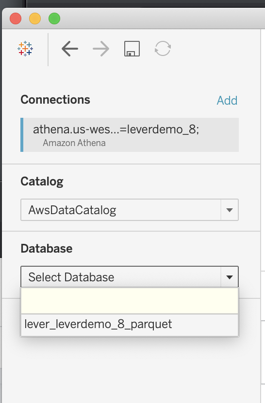 Database drop down menu expanded in modal