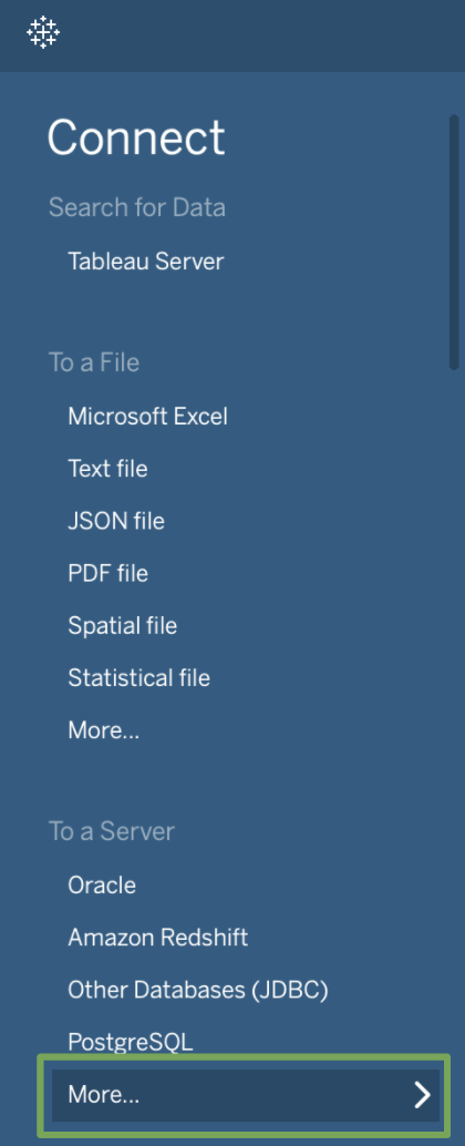 Connect menu in Tableau with More option outlined