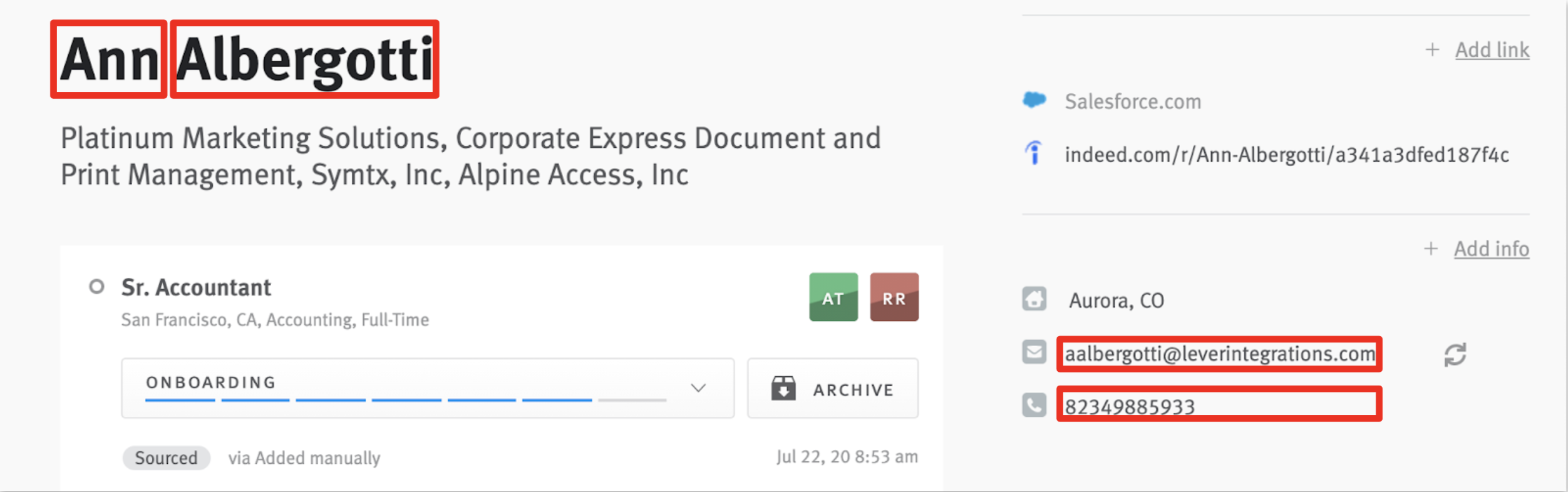 Close up of opportunity profile with first name, last name, email address, and phone number circled.