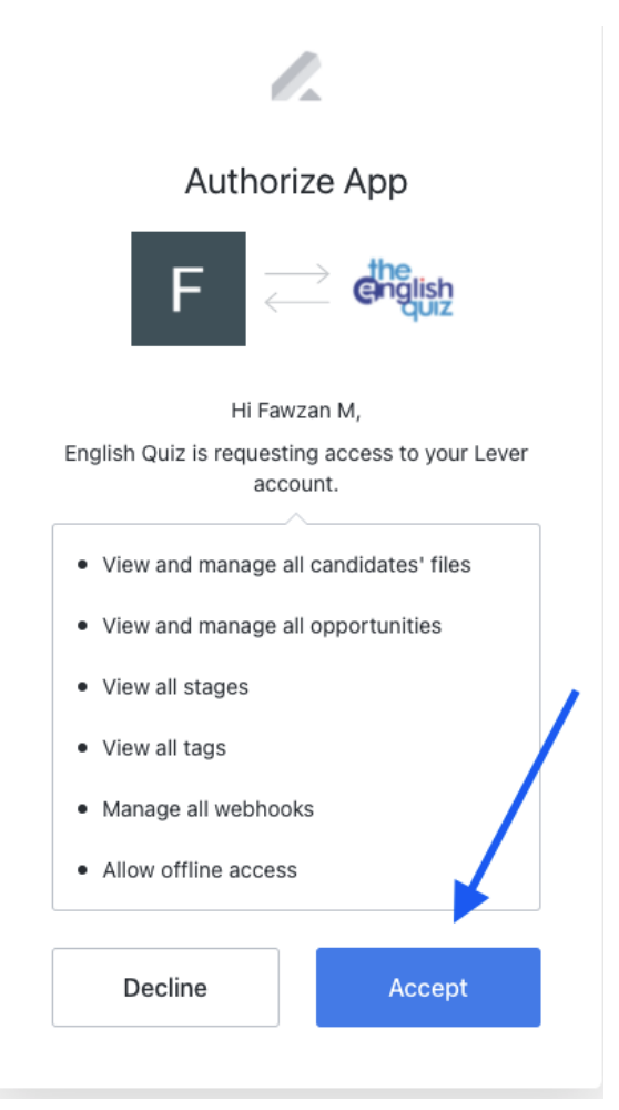 Authorize app modal showing list of permissions and blue accept button