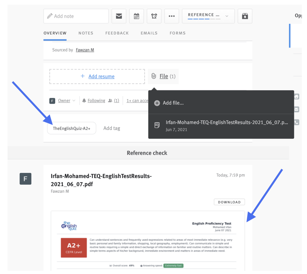 Lever candidate profile with arrows pointing to TheEnglishQuiz tag and English test results in candidate history