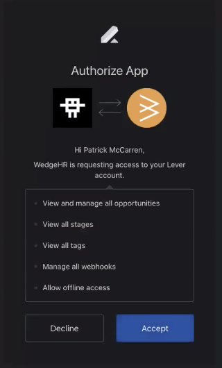 Authorize app modal with list of permissions and blue accept button