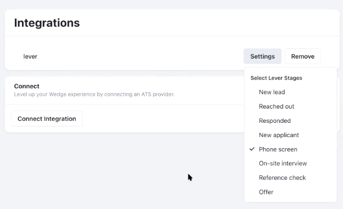 Integrations page showing dropdown menu from settings and phoen screen selected