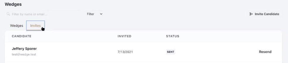 Wedge list of candidates showing invites tab