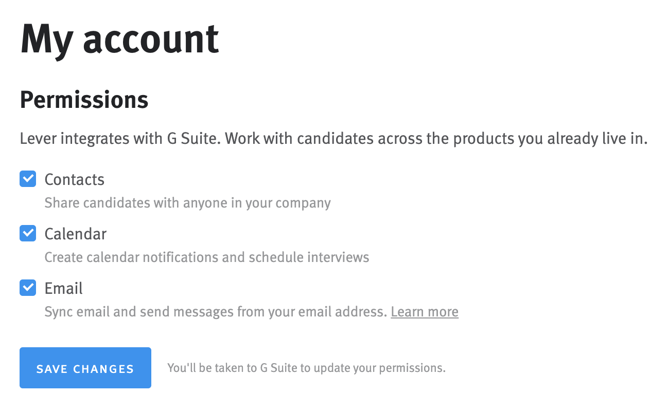 Permissions section of My account page in Lever Settings.