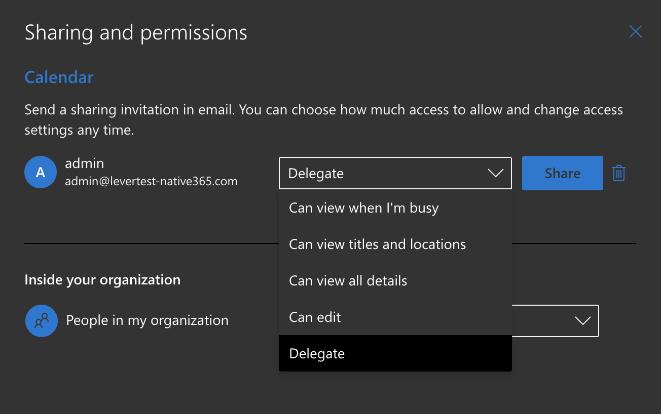 Menu expanded next to user added to calendar with Delegate option highlighted on hover in menu.