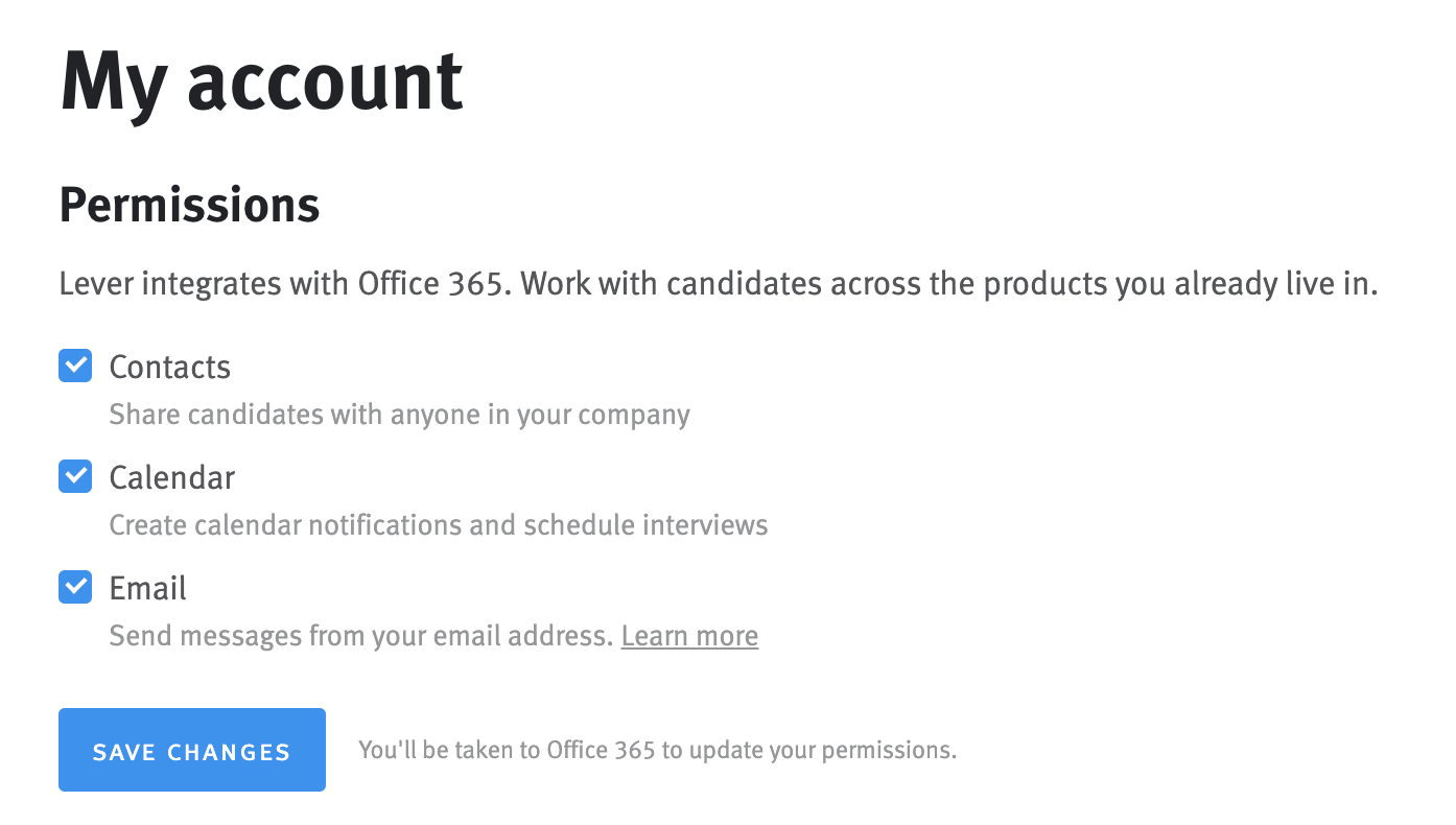 Permissions section of My account page of Lever Settings.
