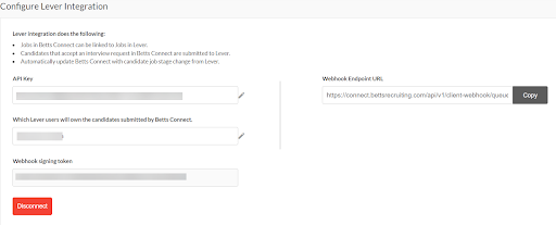 Configure Lever Integration block in Betts Connect with fields for API Key and Webhook signing token. Webhook Endpoint URL field is also populated in the right side of the block.