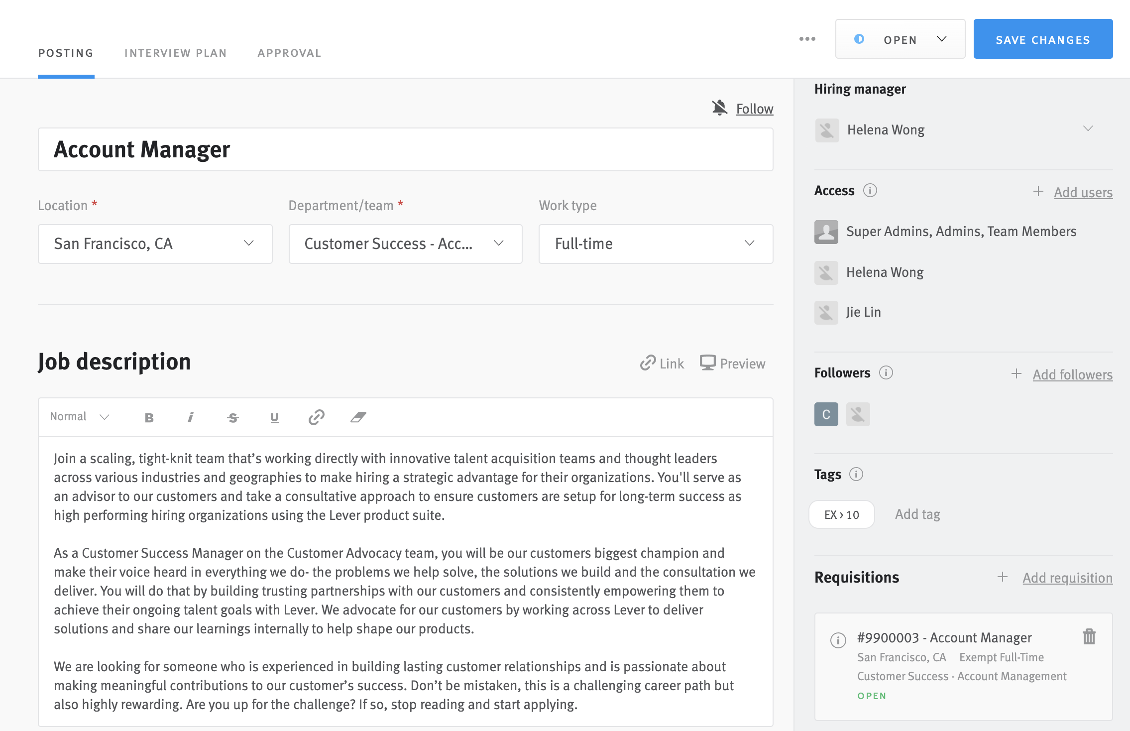 Job posting editor in Lever.