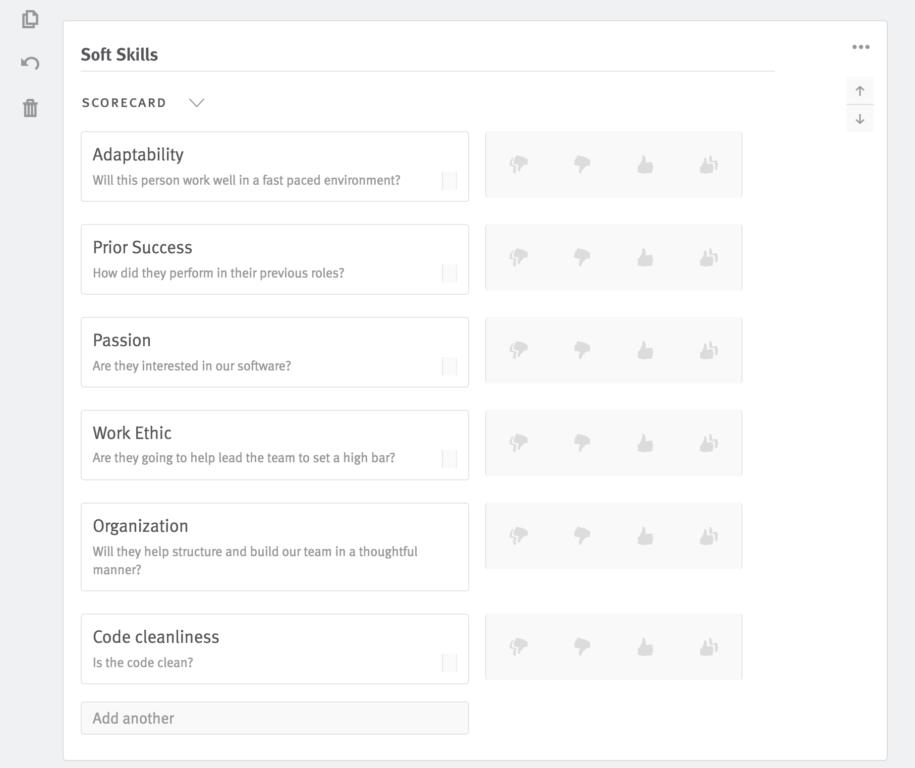 Feedback form editor for softs skills with competencies listed for rating.