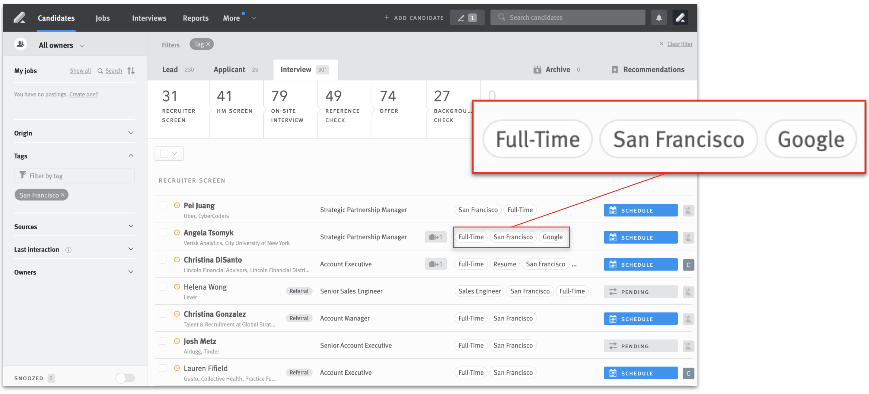 Candidate pipeline overlayed with zoomed in frame of tags on one of the candidates listed.