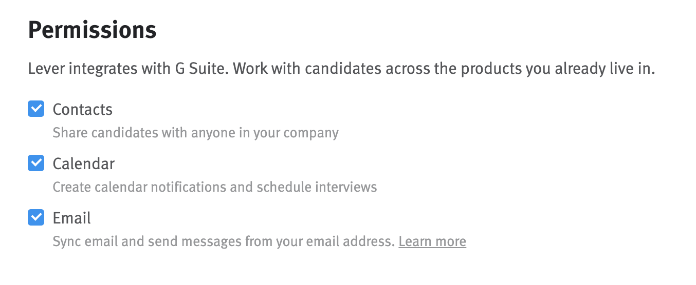 Permissions menu in account settings with checkboxes next to Contacts, Calendar and Email sync options.