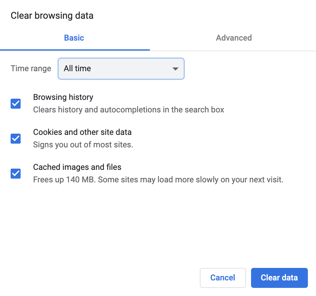 Clear browsing data modal on Google Settings page.