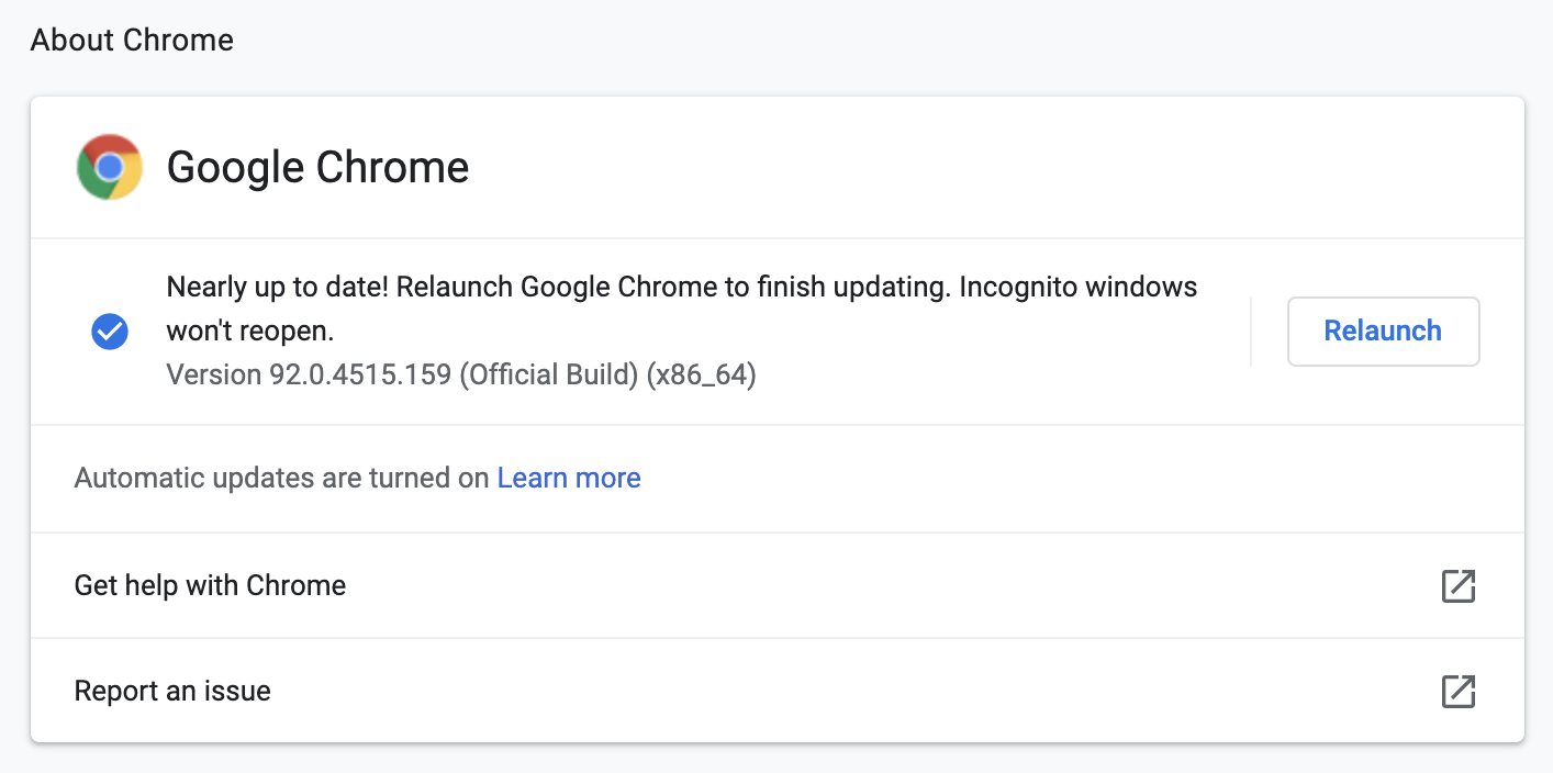About Chrome section of Google Chrome settings page showing version number and relaunch button.