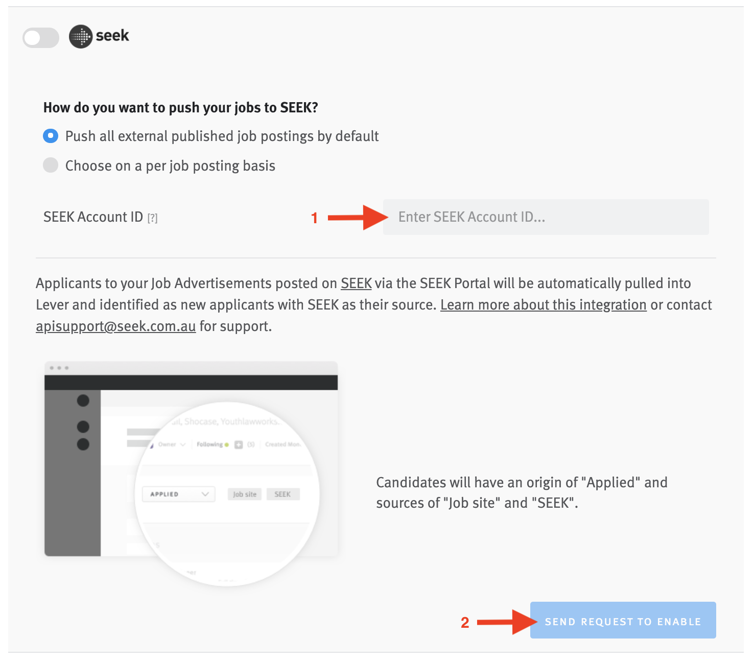 SEEK integration tile with arrows pointing to field for account ID and send request to enable button.