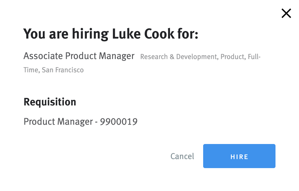 Close-up of modal with hiring and requsition details.