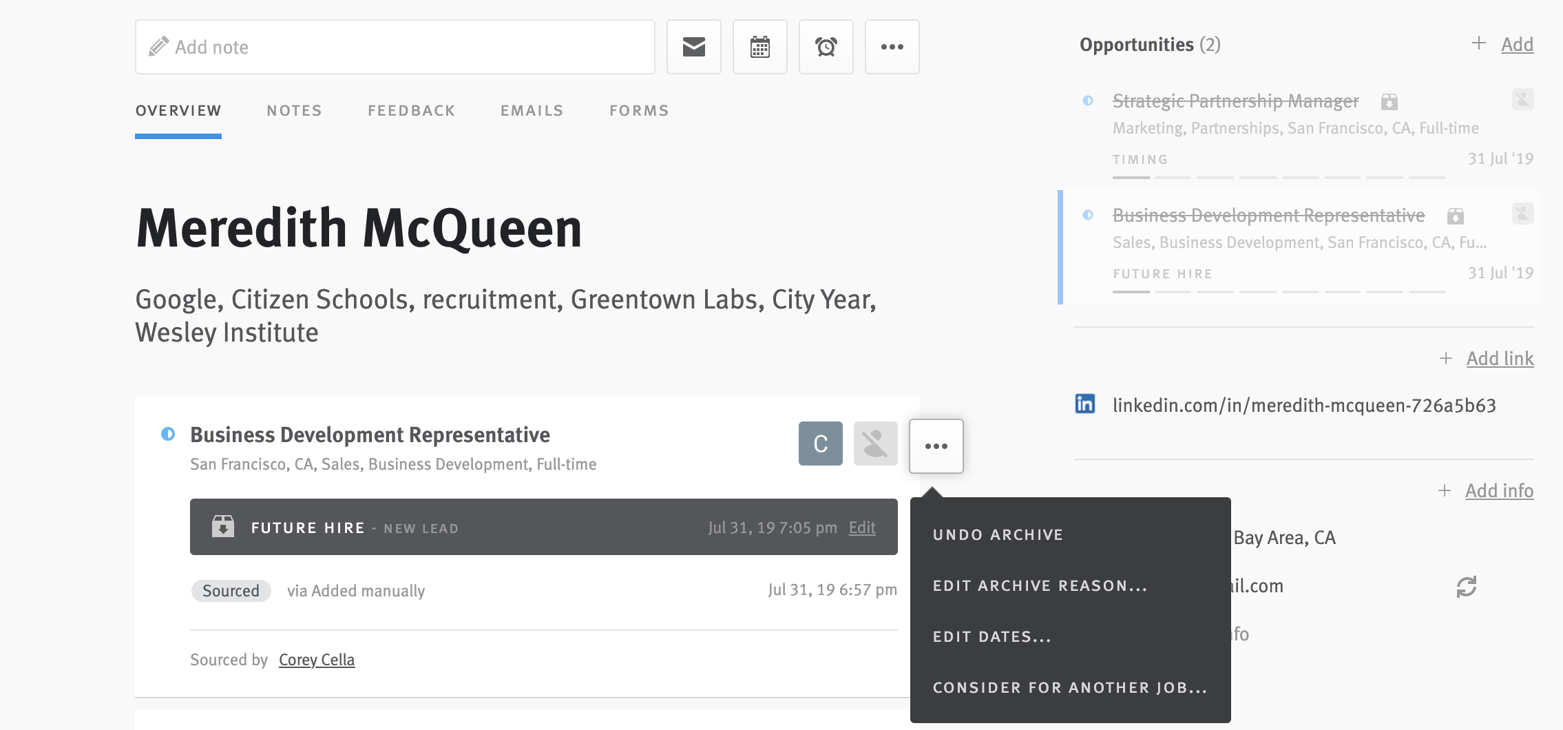 Candidate profile opened to opportunity archived as Future Hire with option revealed to consider candidate for another job.