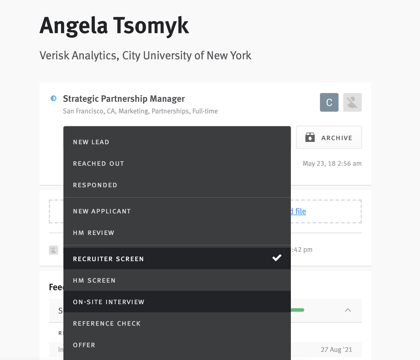 Candidate profile with stage menu expanded. Current stage is Recruiter Scree. On-Site Interview stage is highlighted in menu.