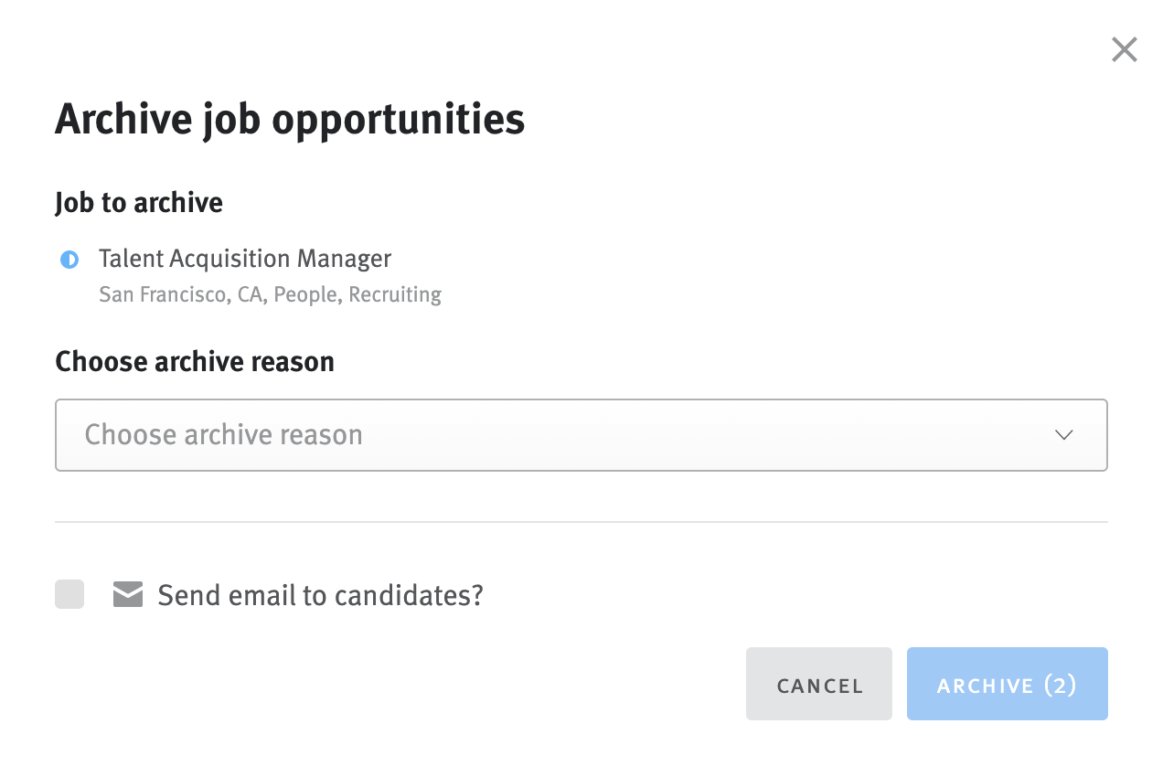 Modal with job to archive listed and archive reason drop-down menu.
