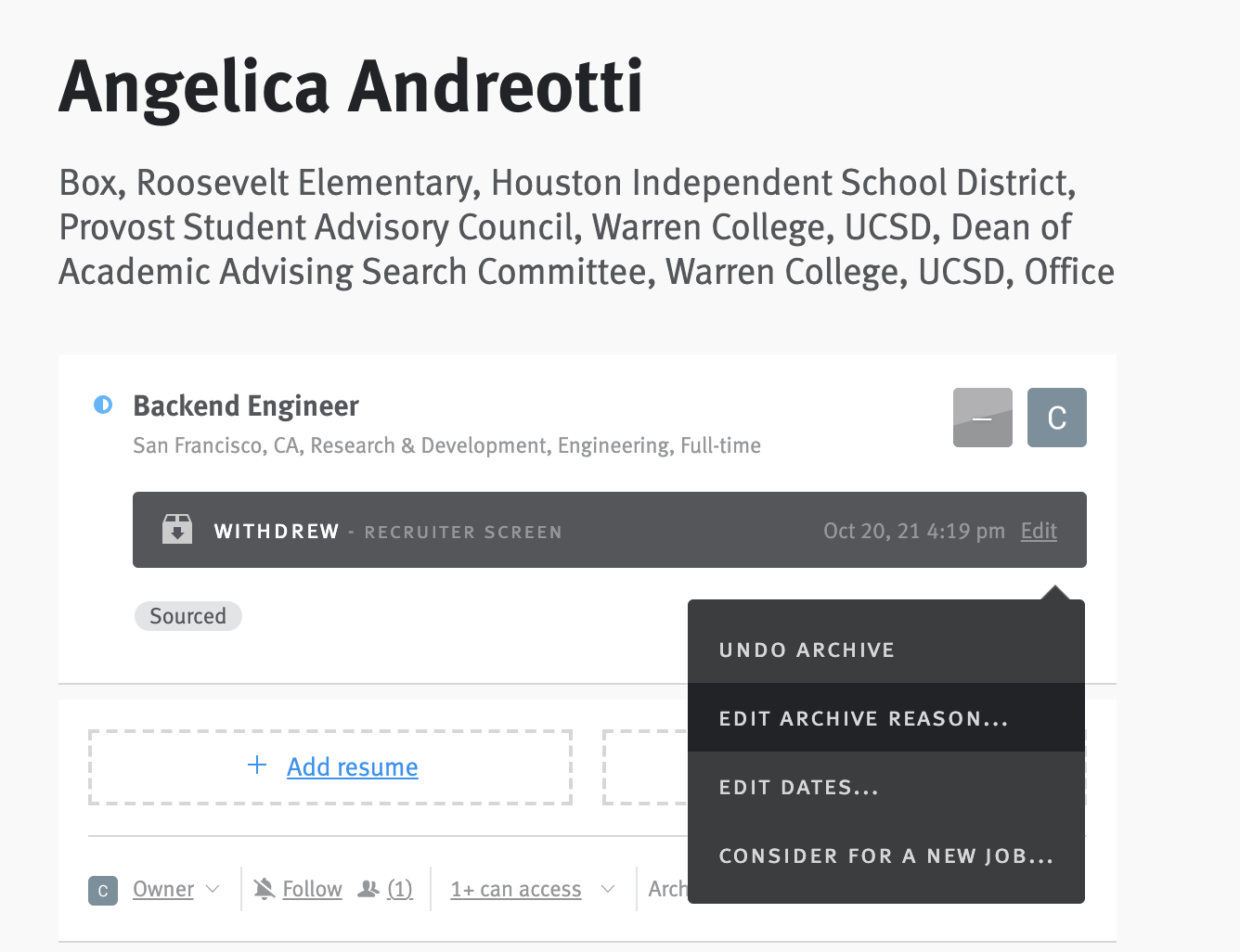Close-up of candidate profile with menu expanded from edit link on Archive reson. Edit Archive Reason option is highlighted in the menu.