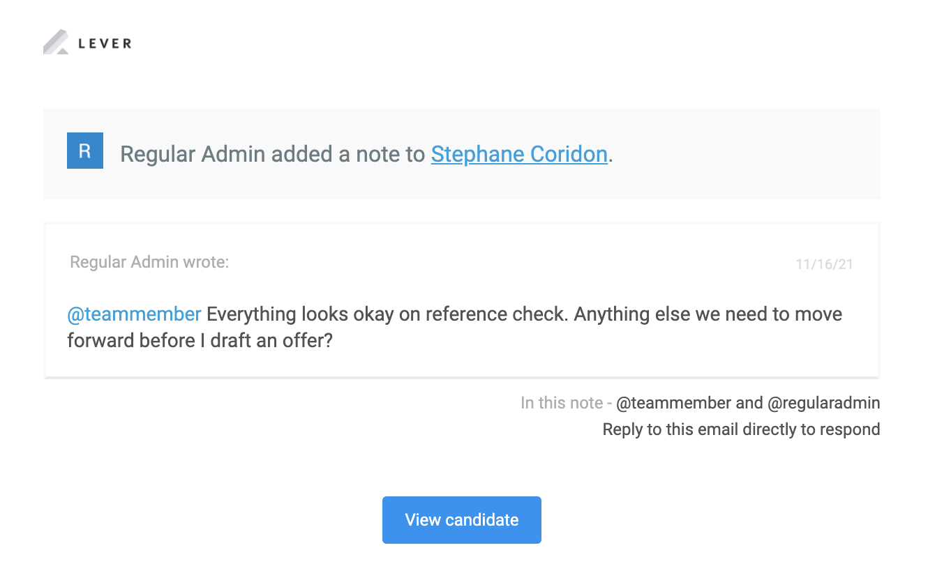 Email with note in which recipent was @-mentioned.