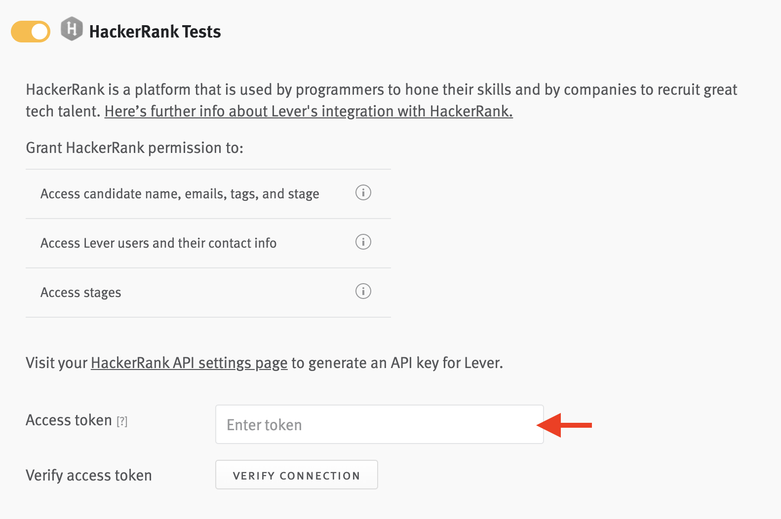 HackerRank Tests toggle in Lever Settings wiht arrow pointing to Access token field on tile.