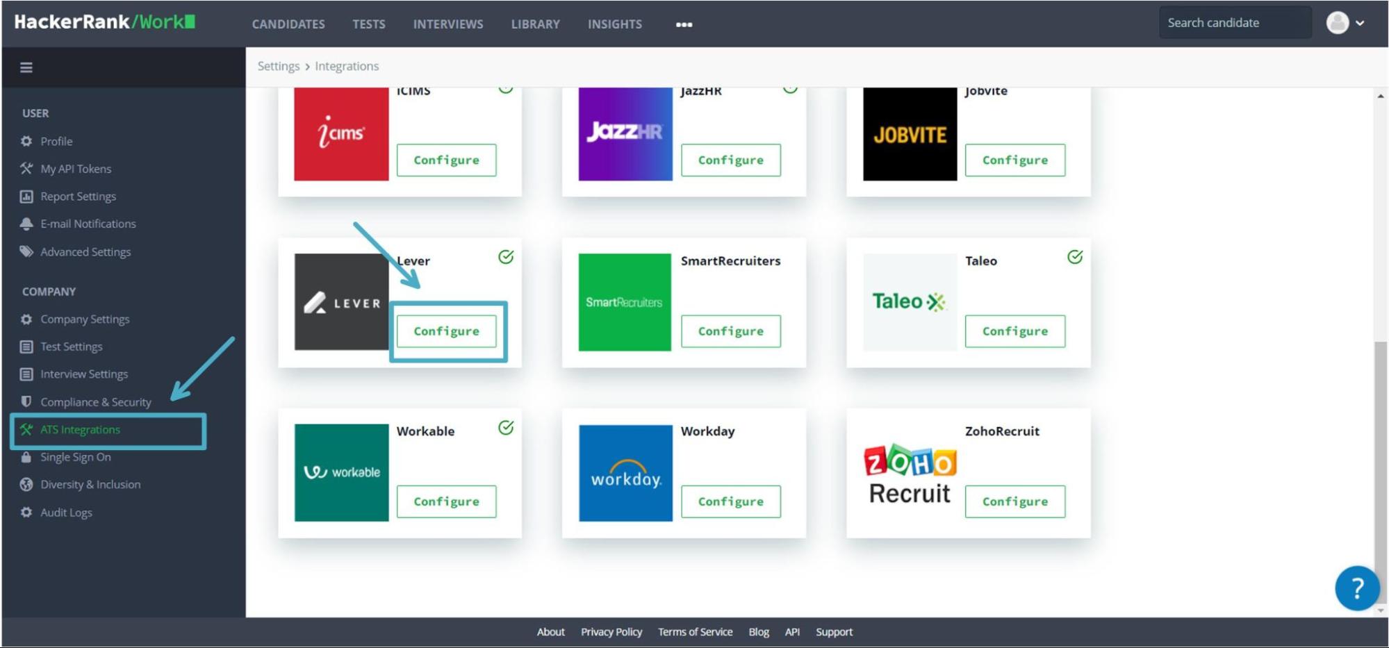 HackerRank Settings page with arrow pointing to ATS integration section in left nvigation and Configure button on Lever tile.