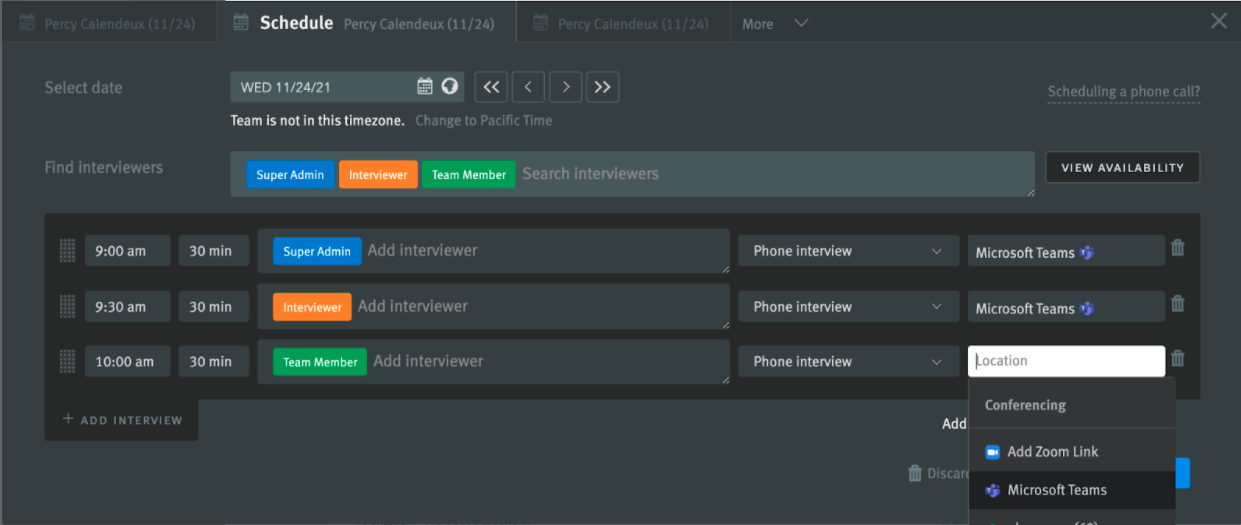 Scheduler with location menu expanded next to interview and Microsoft Teams option highlighted.