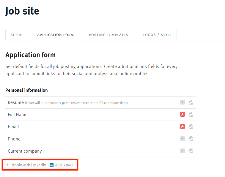 Applicant form editor in Job Site settings with Apply with LinkedIn option circled under Personal Information fields.